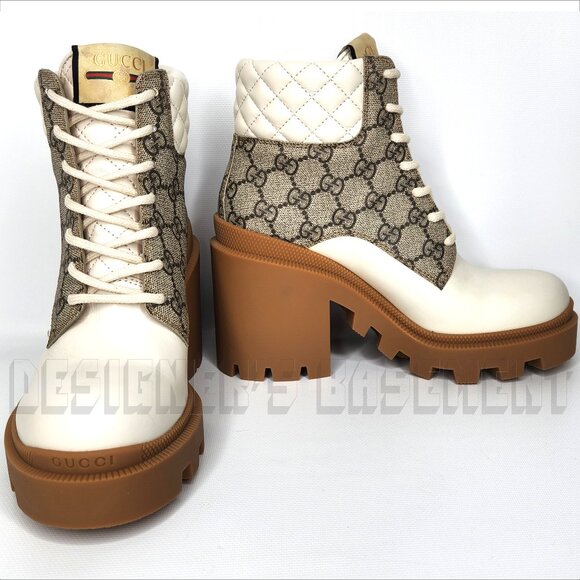 GUCCI 39.5 beige GG canvas quilted Leather TRIP logo platform Combat ankle Boots - Picture 4 of 11